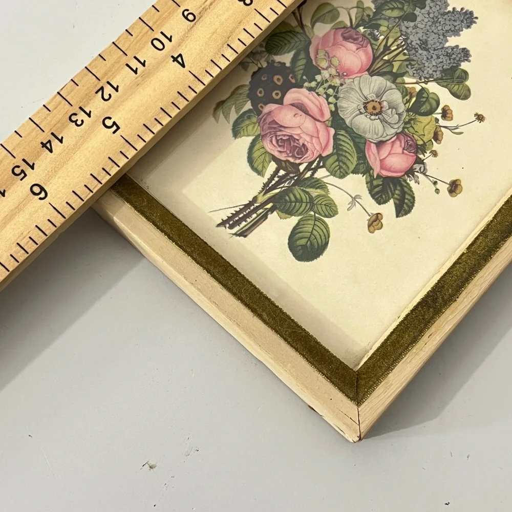Vintage Botanical Floral Print Wall Art Mini Pink Green Velvet Wood Frame Rose